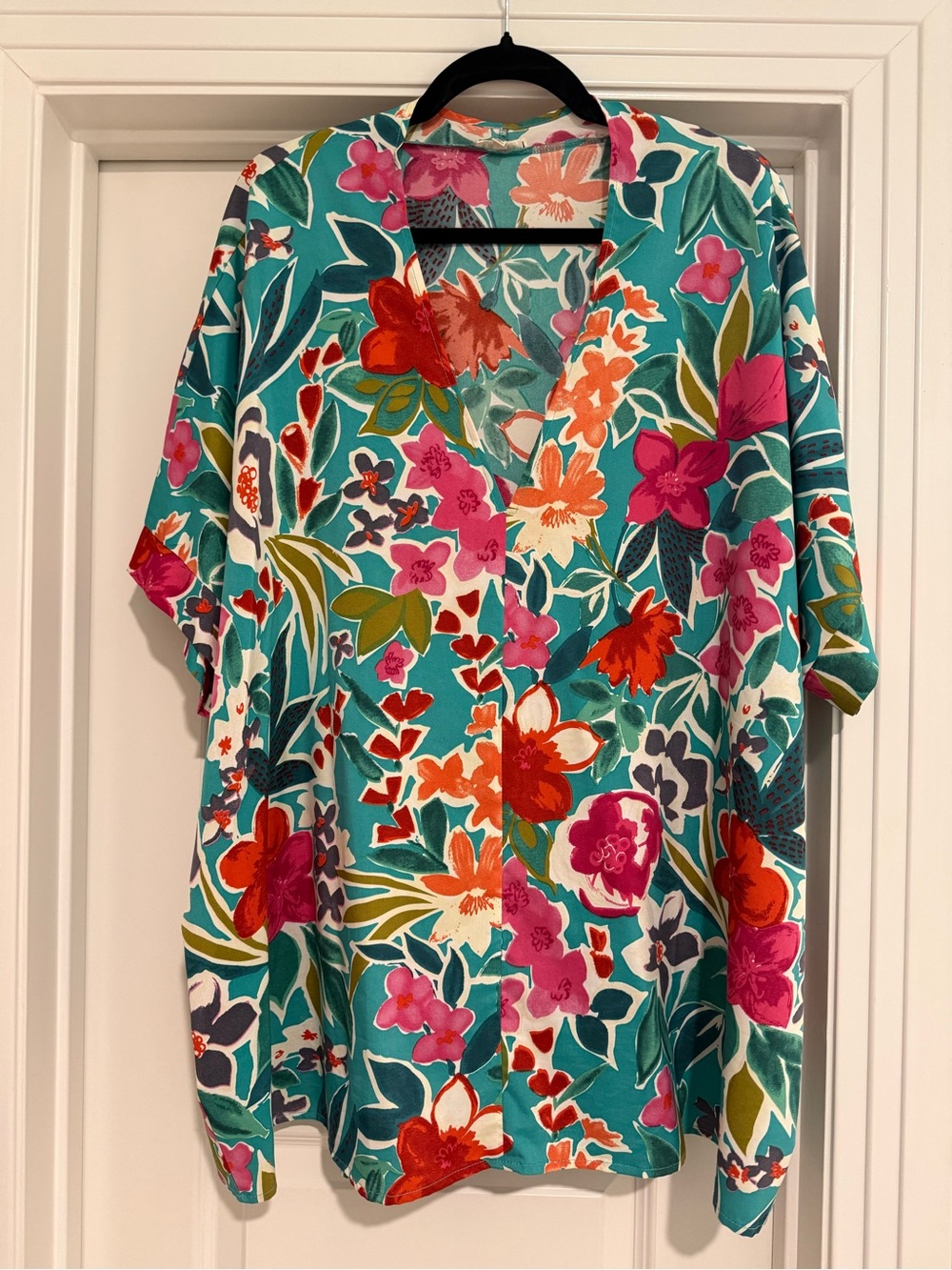 Floral V-Neck Short Sleeve Top - Teal Floral
